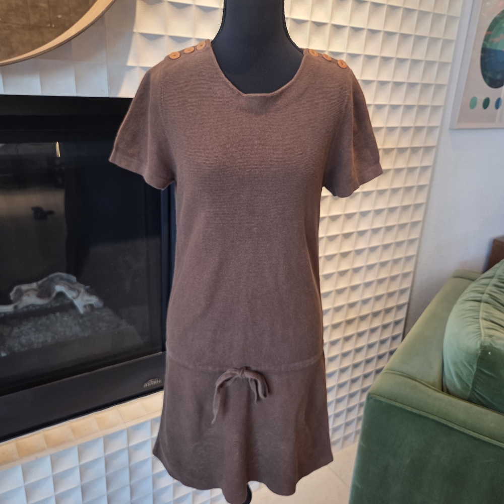 A.P.C. Cotton Linen Knit Brown Dress with Shoulder Button Detail, Size Small